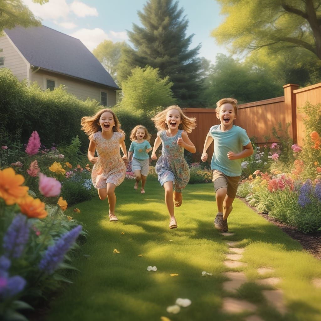Grandkids Running in a Vibrant Backyard Scene