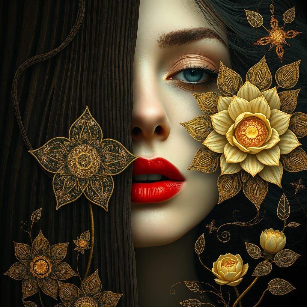 Ethereal Face Hidden by Wood Grain with Floral Burst