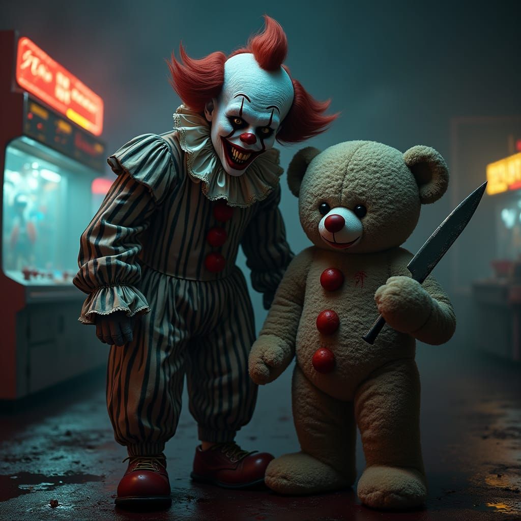 Terrifying Clown with Teddy Bear
