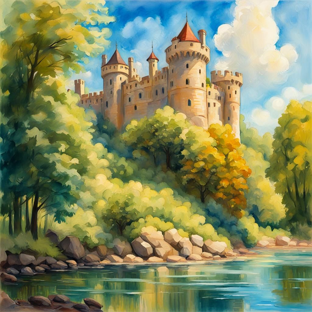 Riverside Bastion in Impressionist Gouache Style