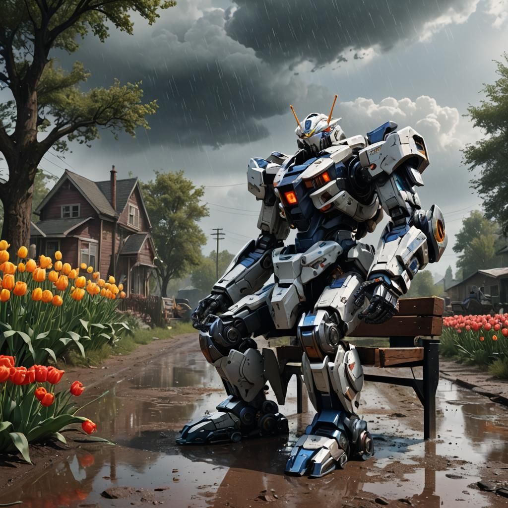 Mecha Robot with Tulip in Matte Painting Style