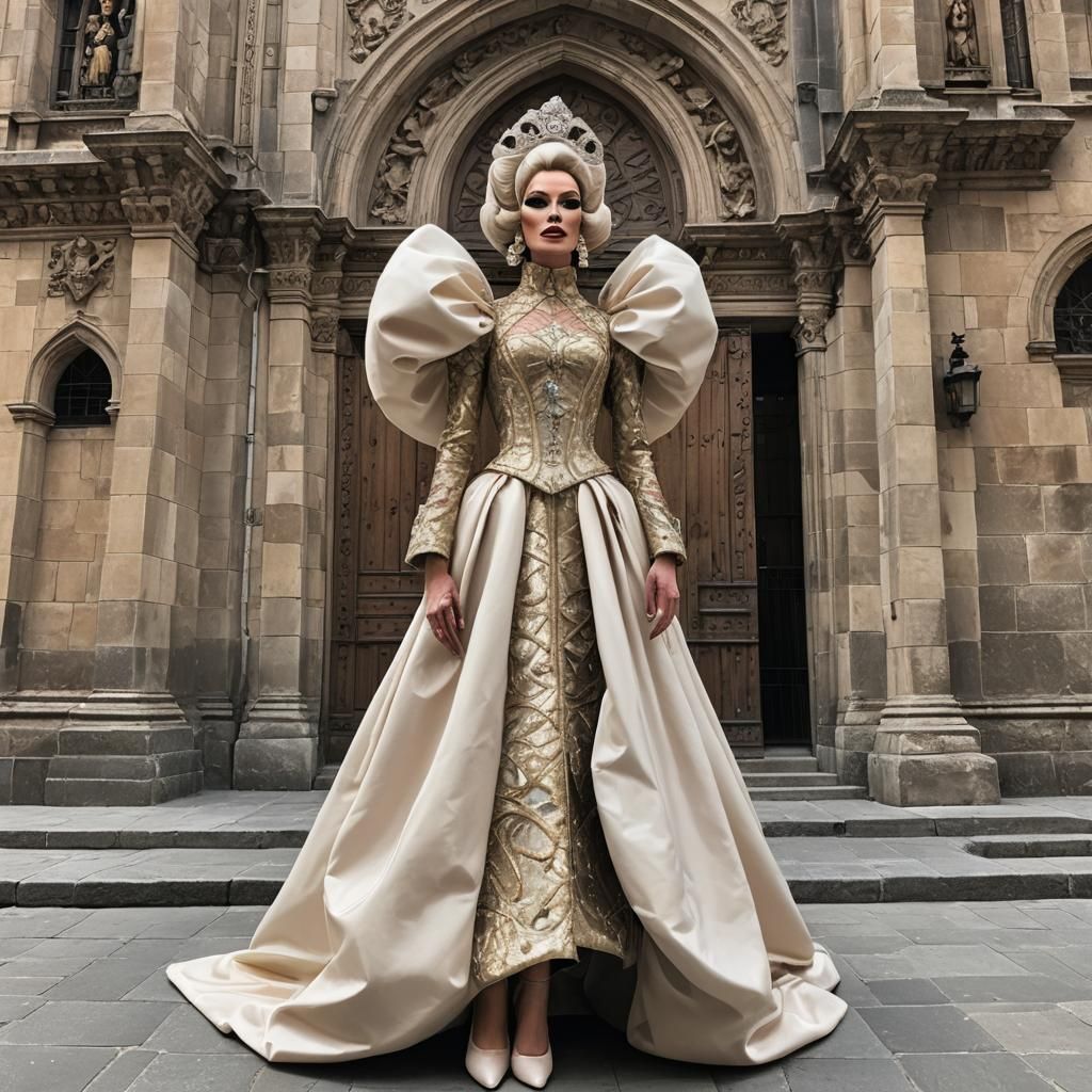 Camp Drag Queen in Baroque Cathedral Dress