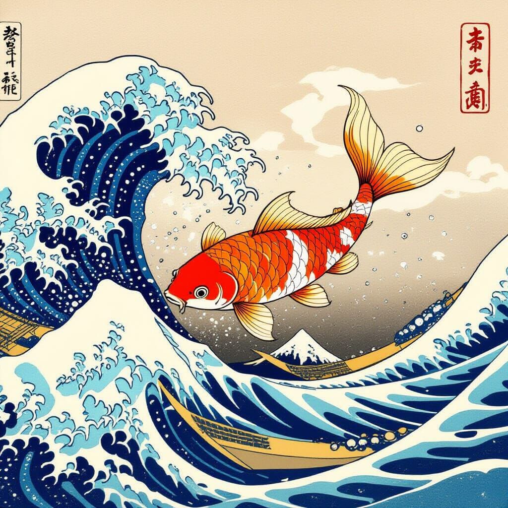 Koi Carp Riding Waves in Hokusai Style Sea
