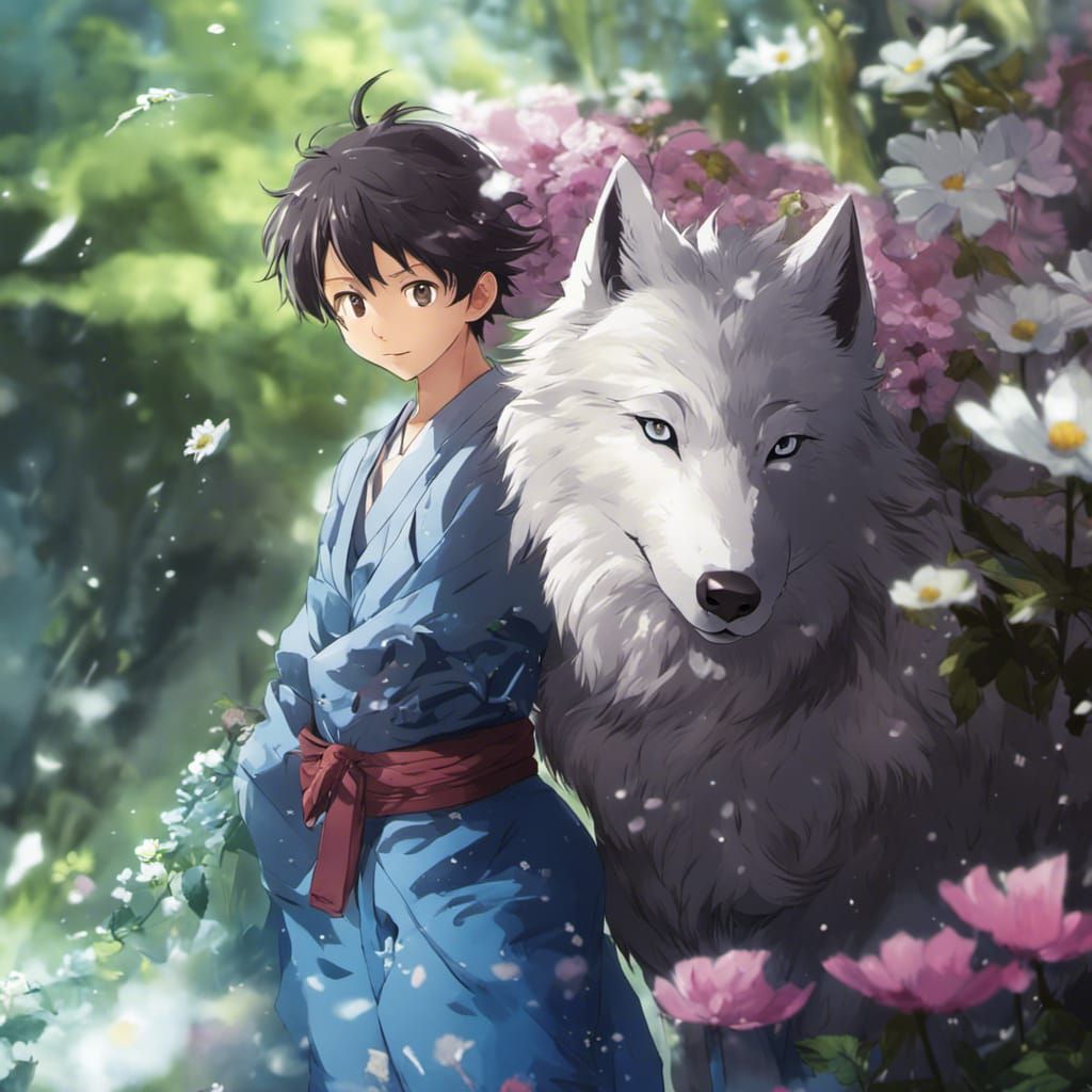 Anime Style Wolf Yokai and Boy Portrait