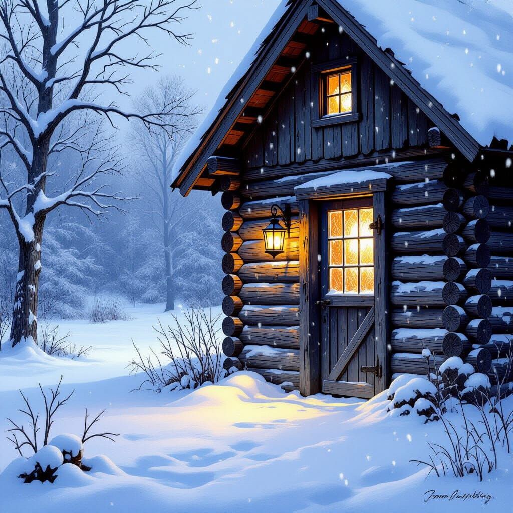 Rustic Log Shed in Snowy Winter Landscape