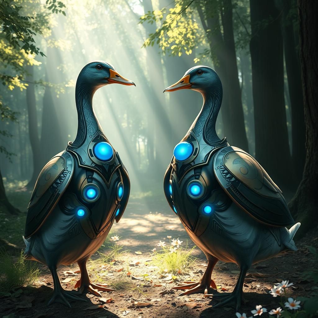 Armored Ducks Debate in Sun-Dappled Forest