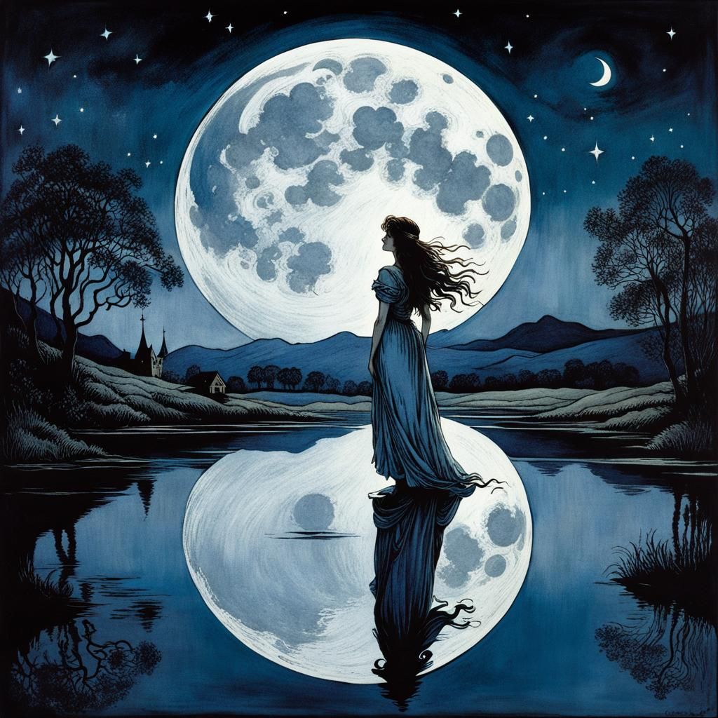 Fairytale Moonlit Night: Arthur Rackham Style Illustration