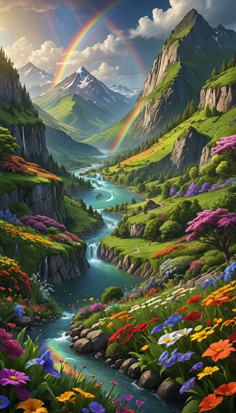 Rainbow Over Lush Mountain in Detailed Matte Painting