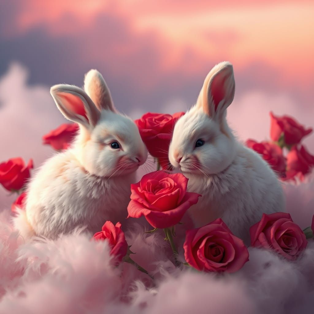 Fluffy Valentine's bunnies with roses