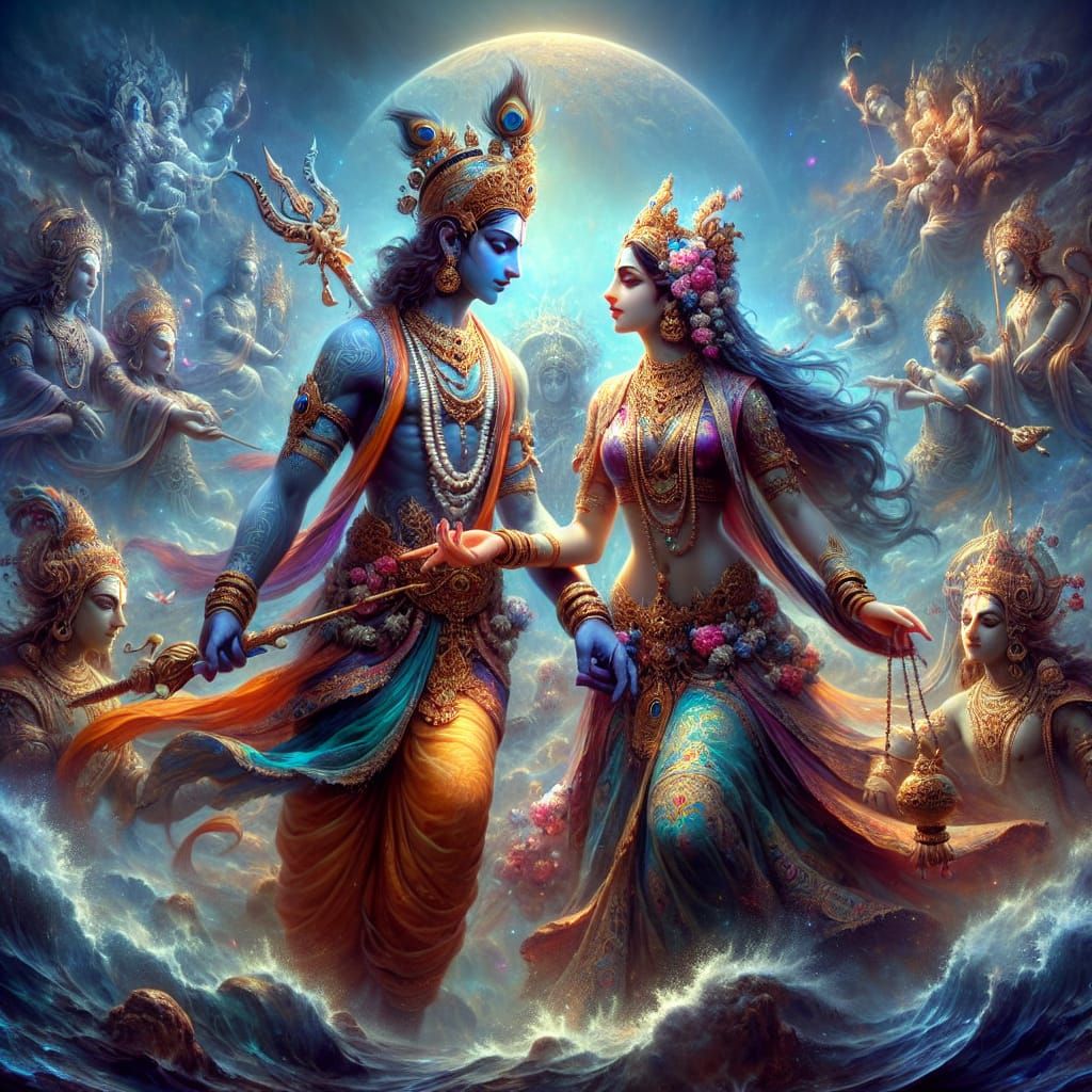Mythical Radha and Krishna in Vibrant Fantasy Realm
