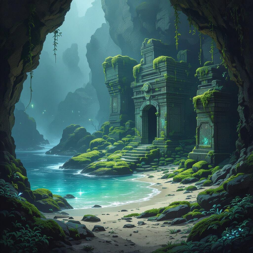 Hidden Cove Ruins With Bioluminescent Flora