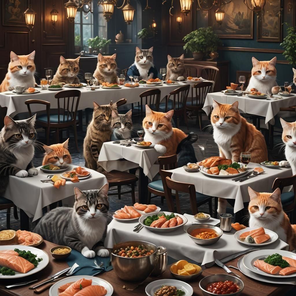 Cats Enjoying Salmon in Fine Dining Restaurant