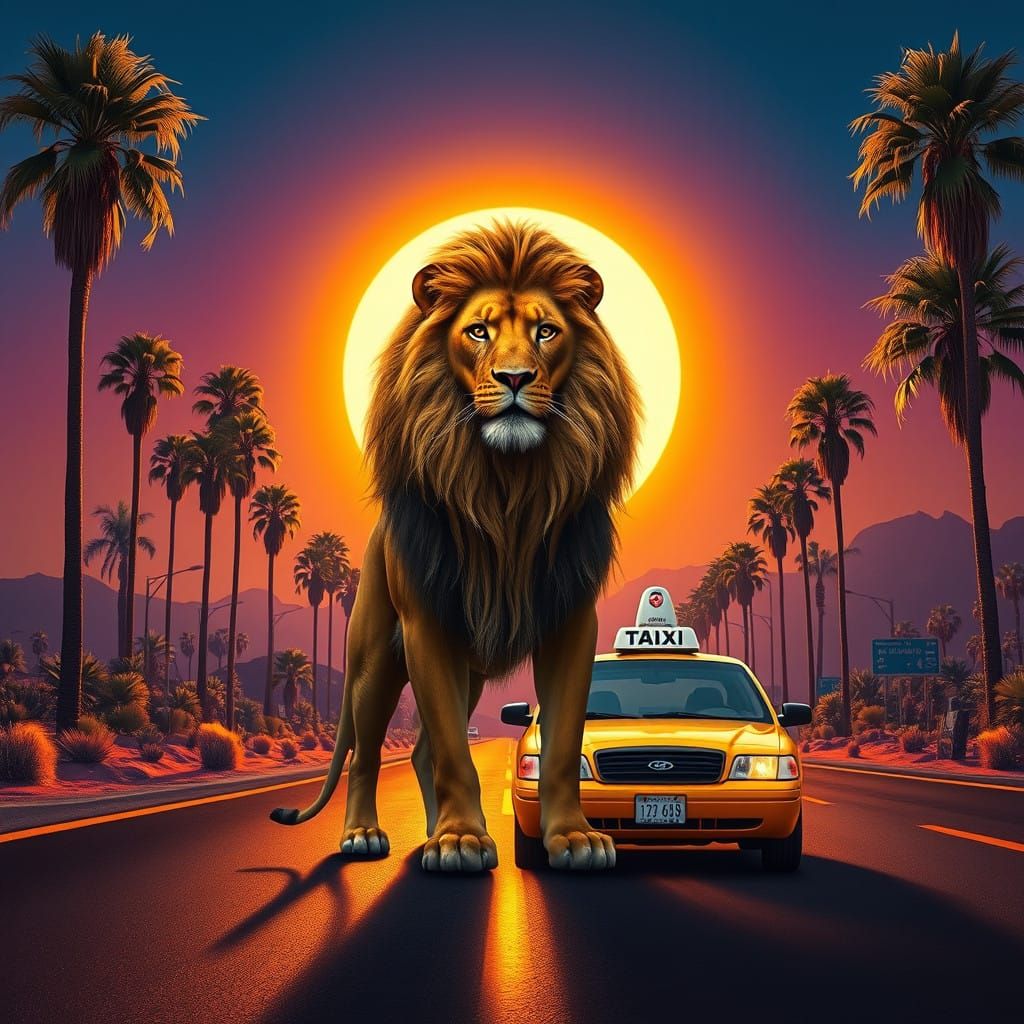 Majestic Lion Beside a Bright Yellow Taxi in a Surreal Sunse...