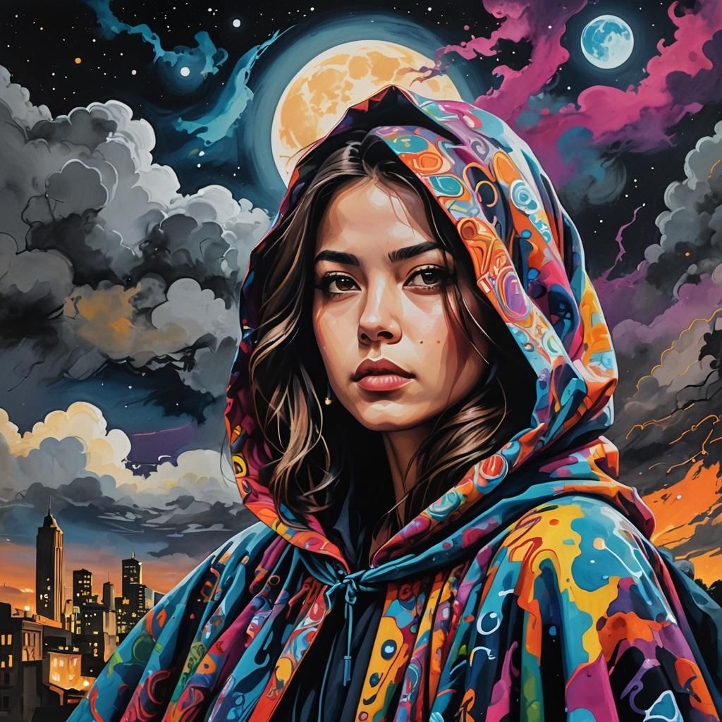 Ethereal Graffiti Portrait Under Full Moon