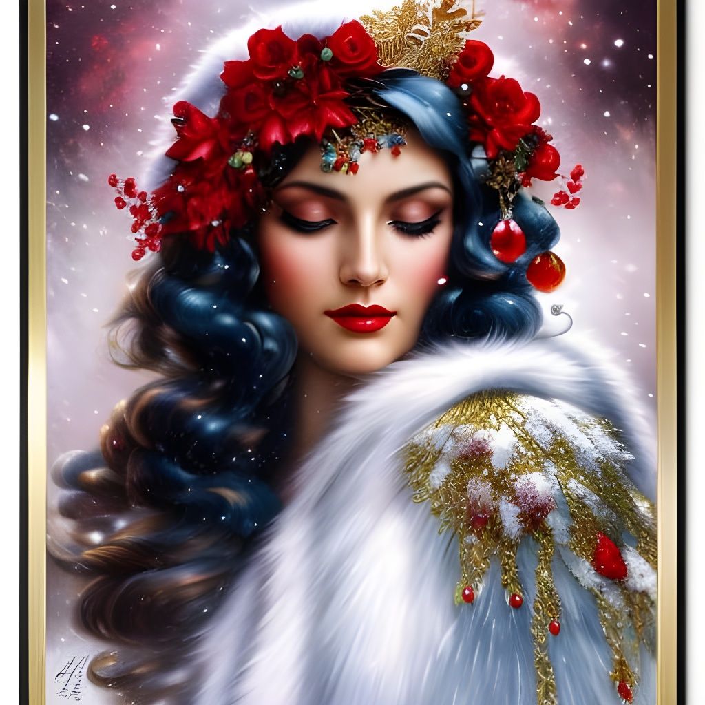 Winter Goddess with Red Flowers in Glittering Art