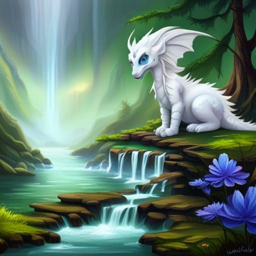 Smiling White Dragon by Lake Waterfall