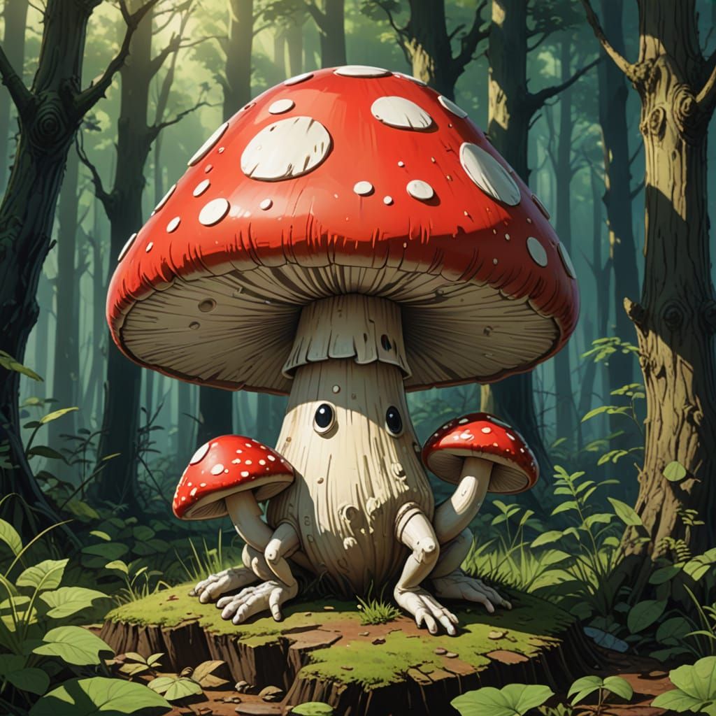 Cyberpunk-Inspired Toadstool Creature in Flat Anime Style