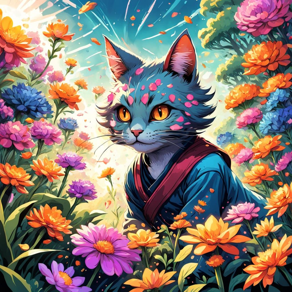 Ninja Cat Explores Magical Flower Farm With Water Dragons