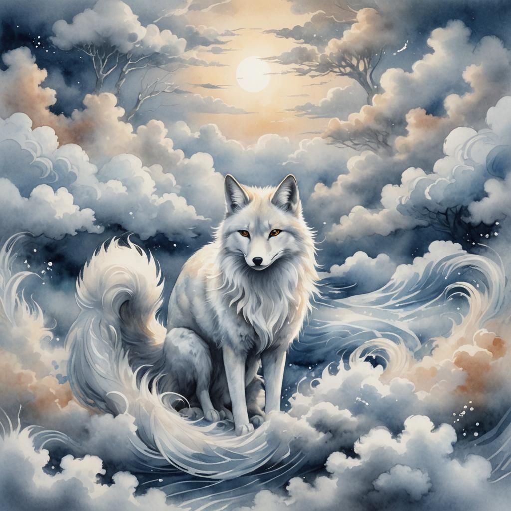 Serene Silver Kitsune in Pastel Watercolor