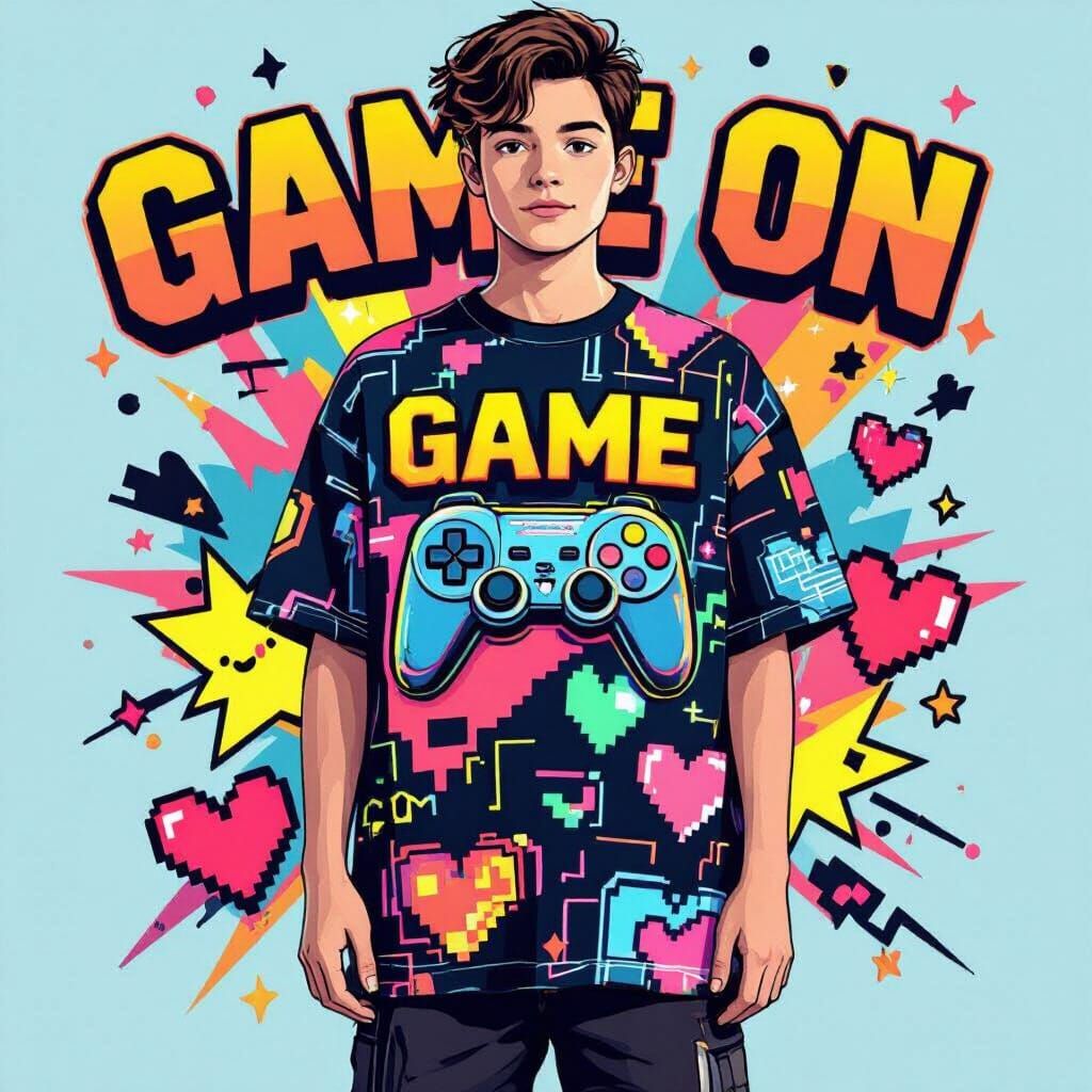 Retro Gaming Pop Art T-Shirt Design with Neon Controller