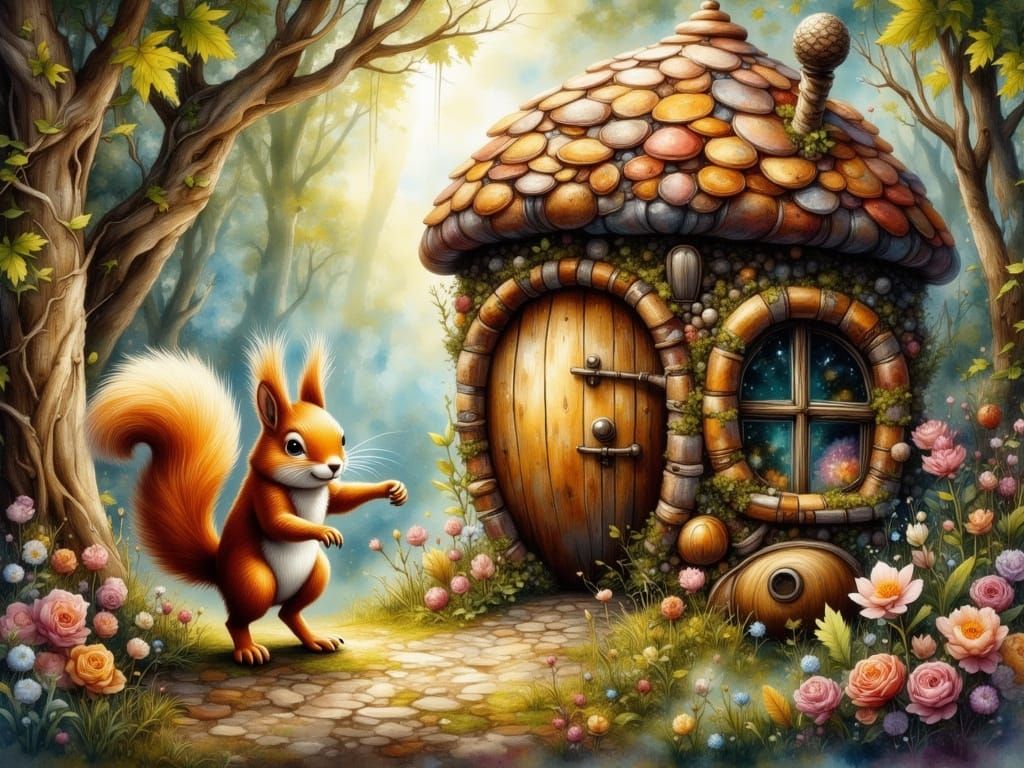 Vibrant Watercolor Squirrel Dancing in Whimsical Forest Home