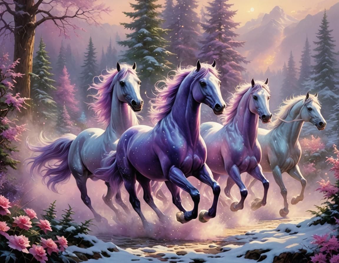 Crystalline Horses Gallop in Ethereal Evergreen Forest