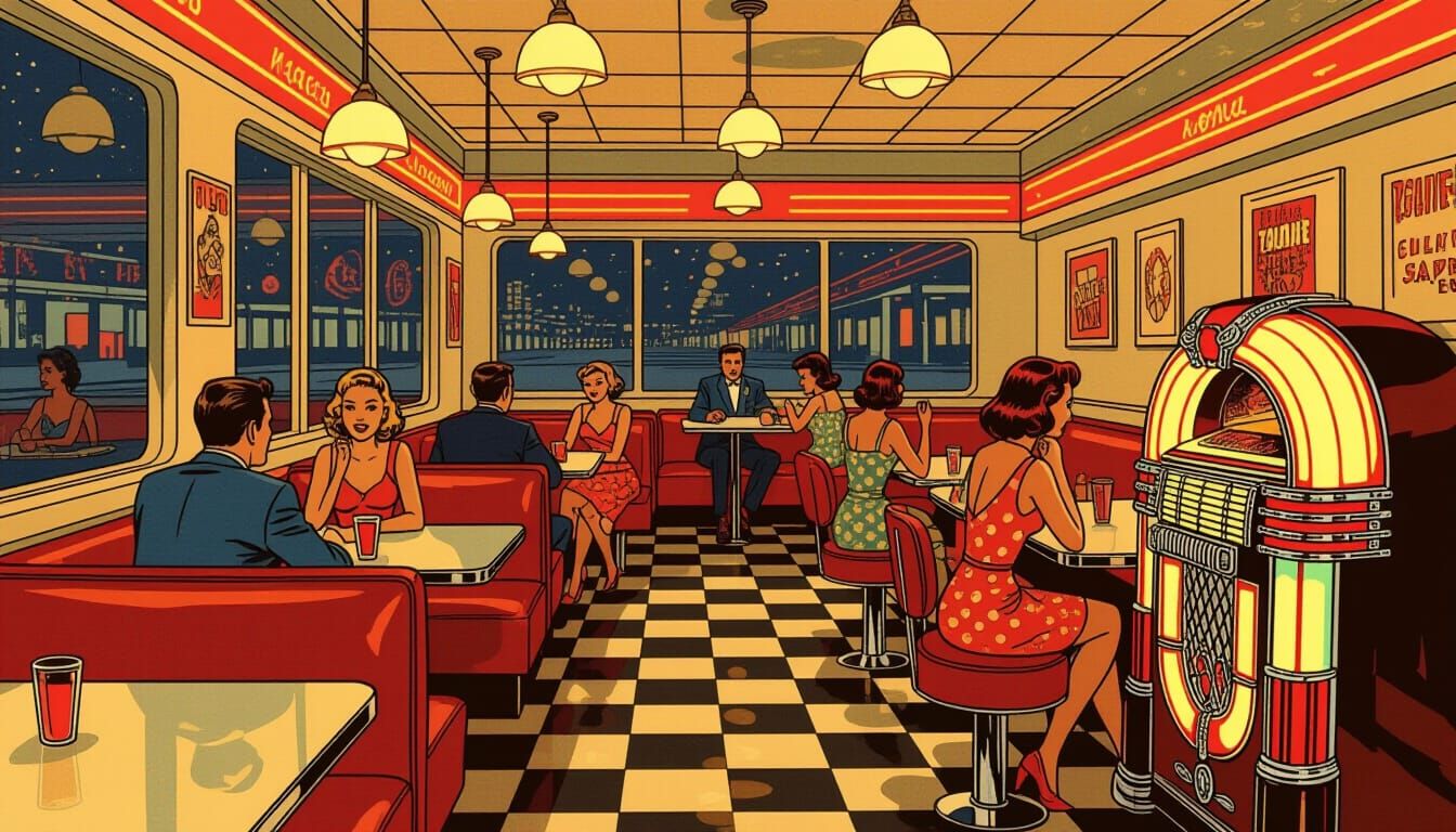 1950s Diner Scene in Vintage Comic Art Style