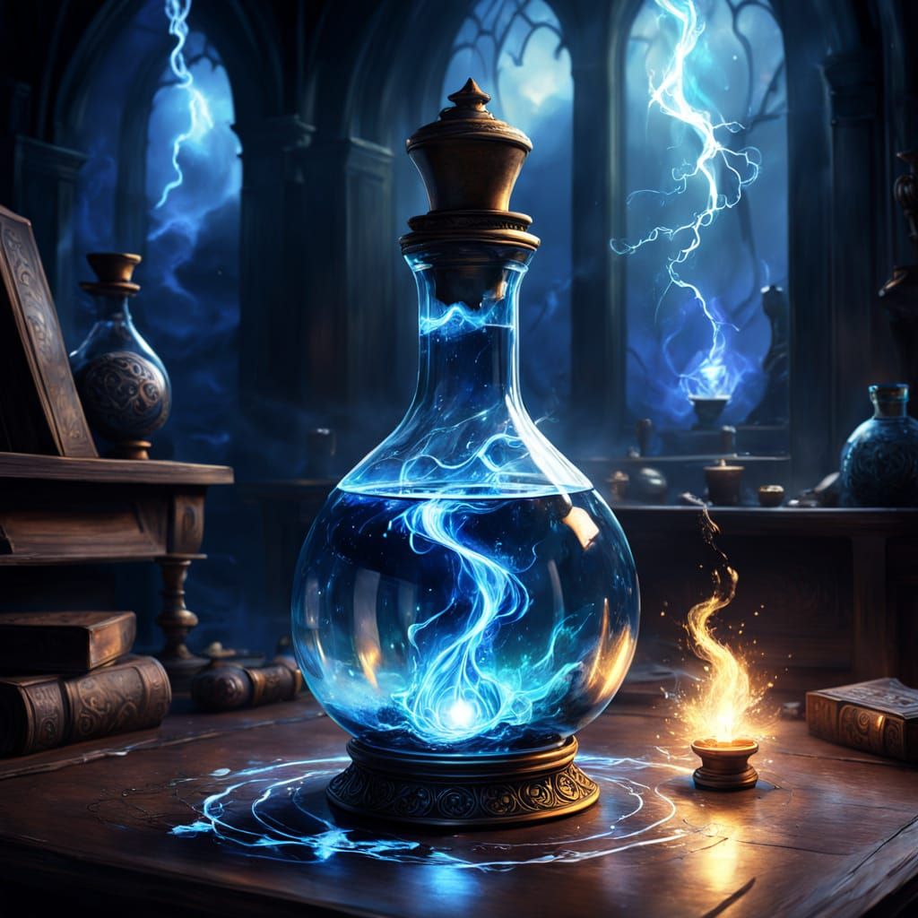 Magical Potion Bottle with Swirling Lightning and Smoke