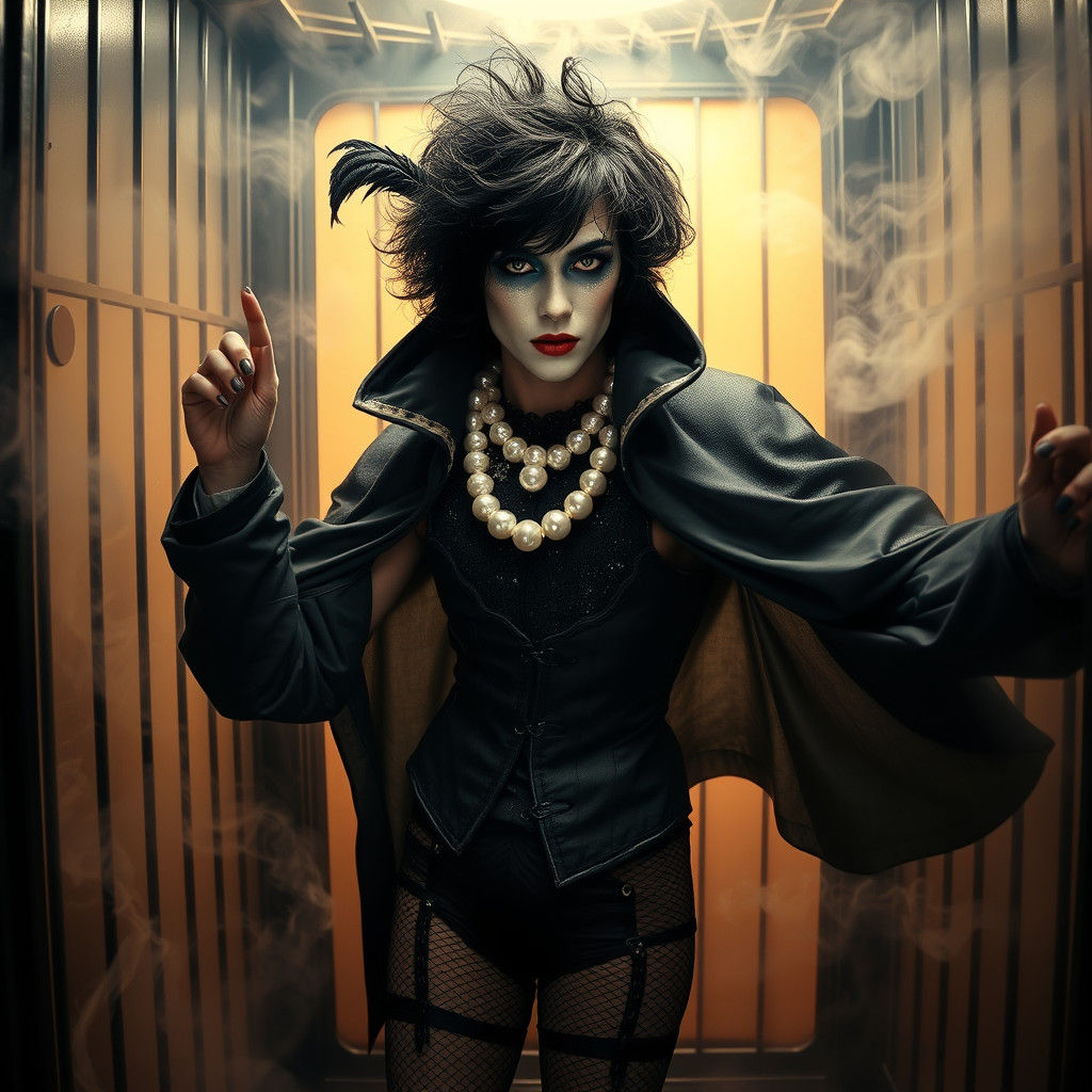 Gothic Figure in Ethereal Elevator, Dramatic Lighting