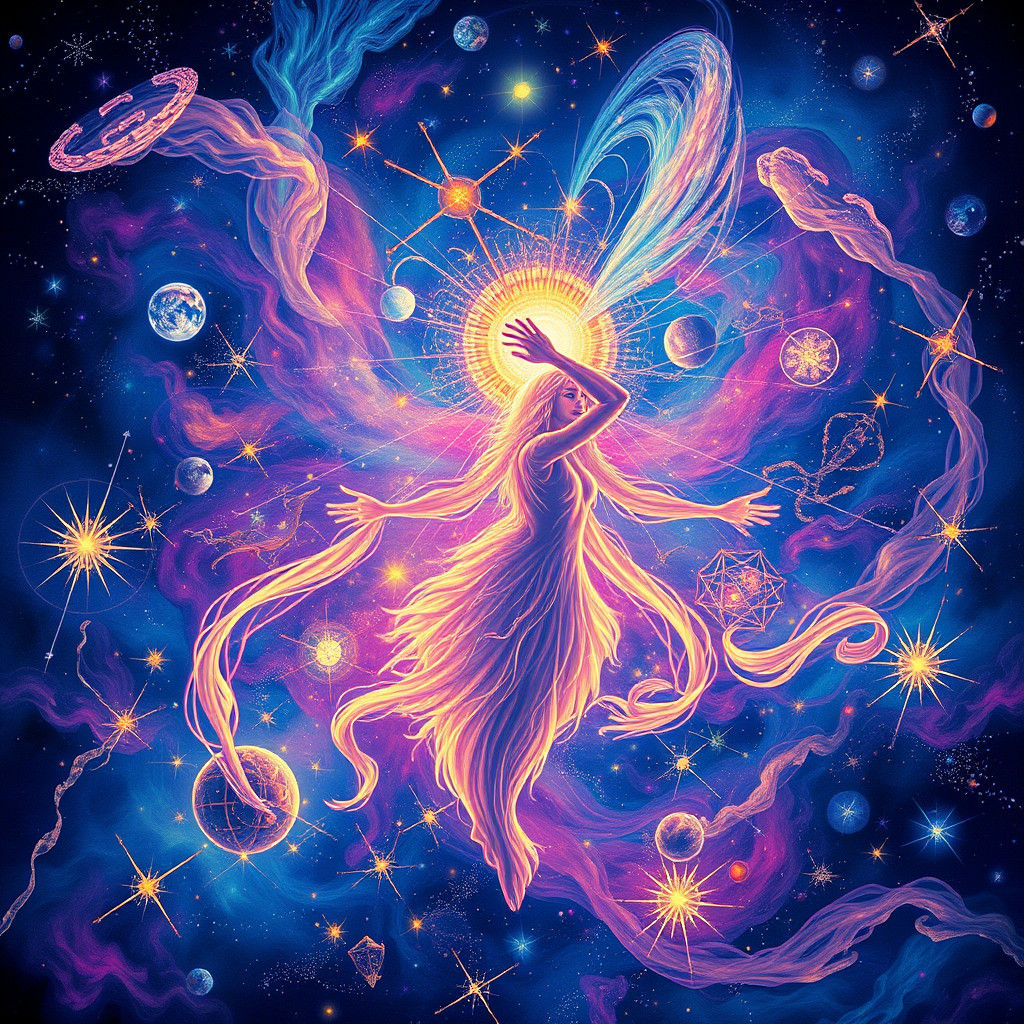 Ethereal Astral Traveler in Holographic Cosmic Illustration