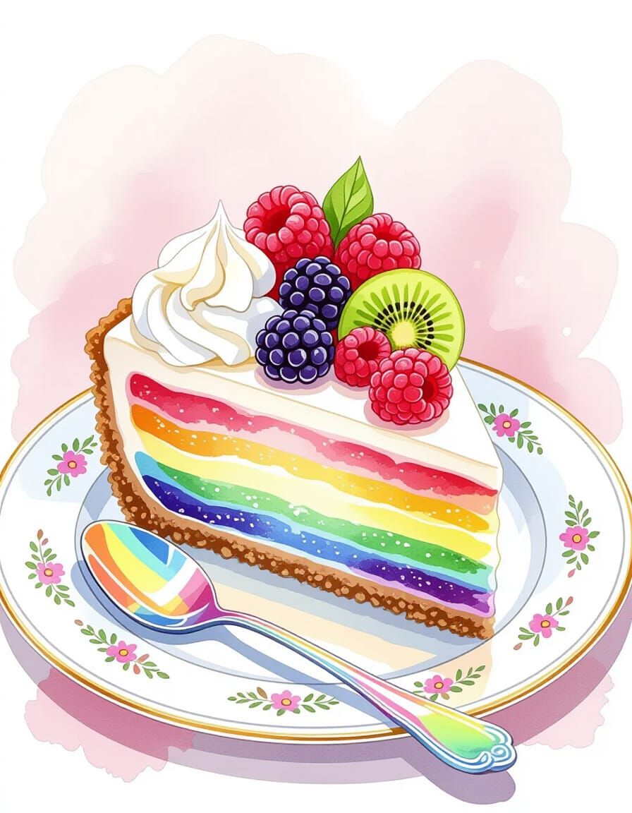 Rainbow Cheesecake Slice in Watercolor Style