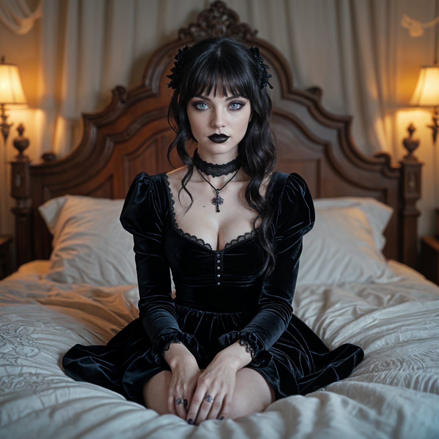 Photorealistic Gothic Girl with Black Lipstick on Bed