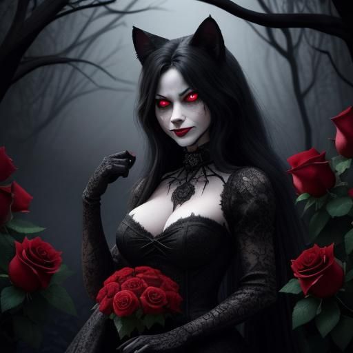 Terrifying Feral Cat Snarling Amongst Red Roses