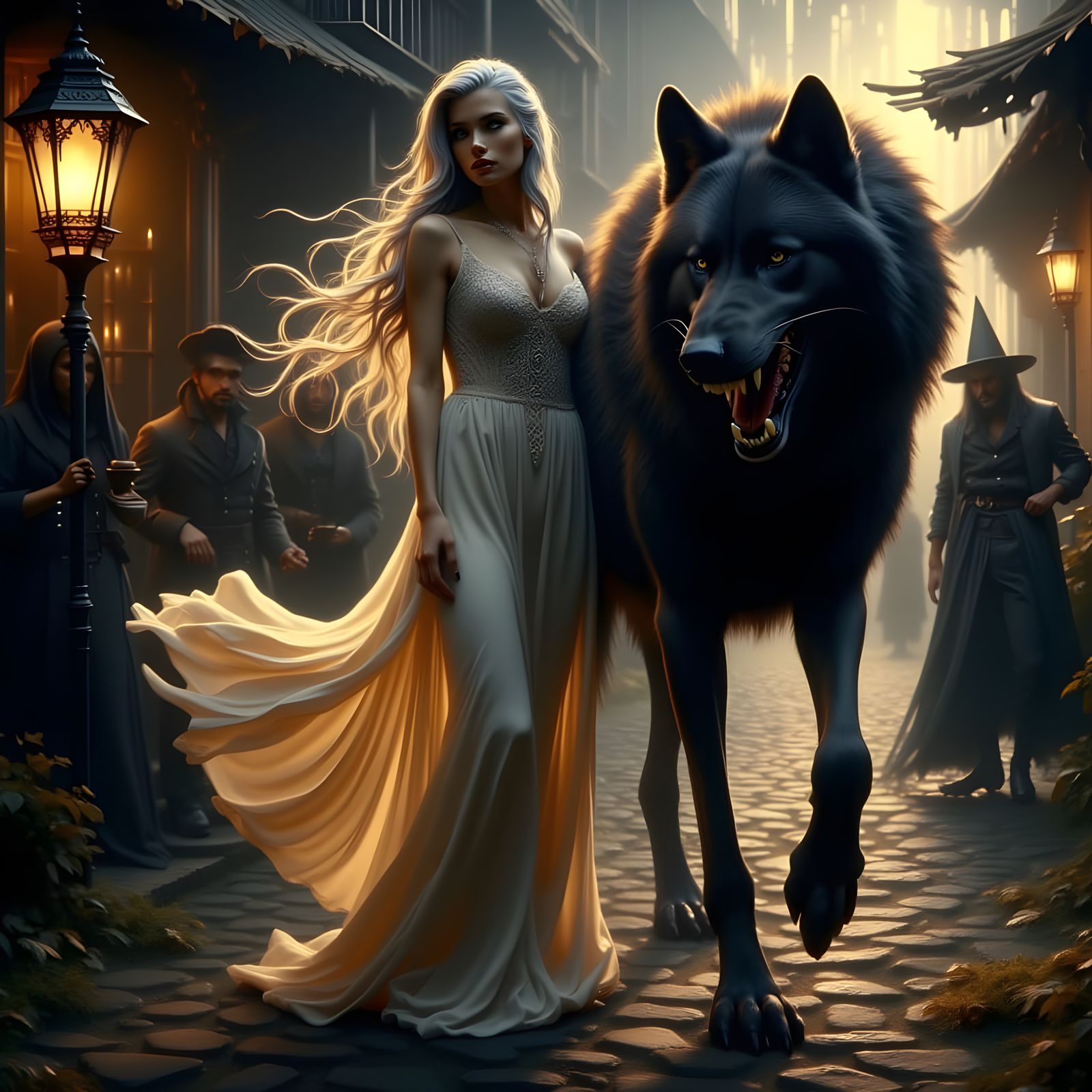 Confident Woman Stands Tall with Fierce Wolf Companion in Mo...