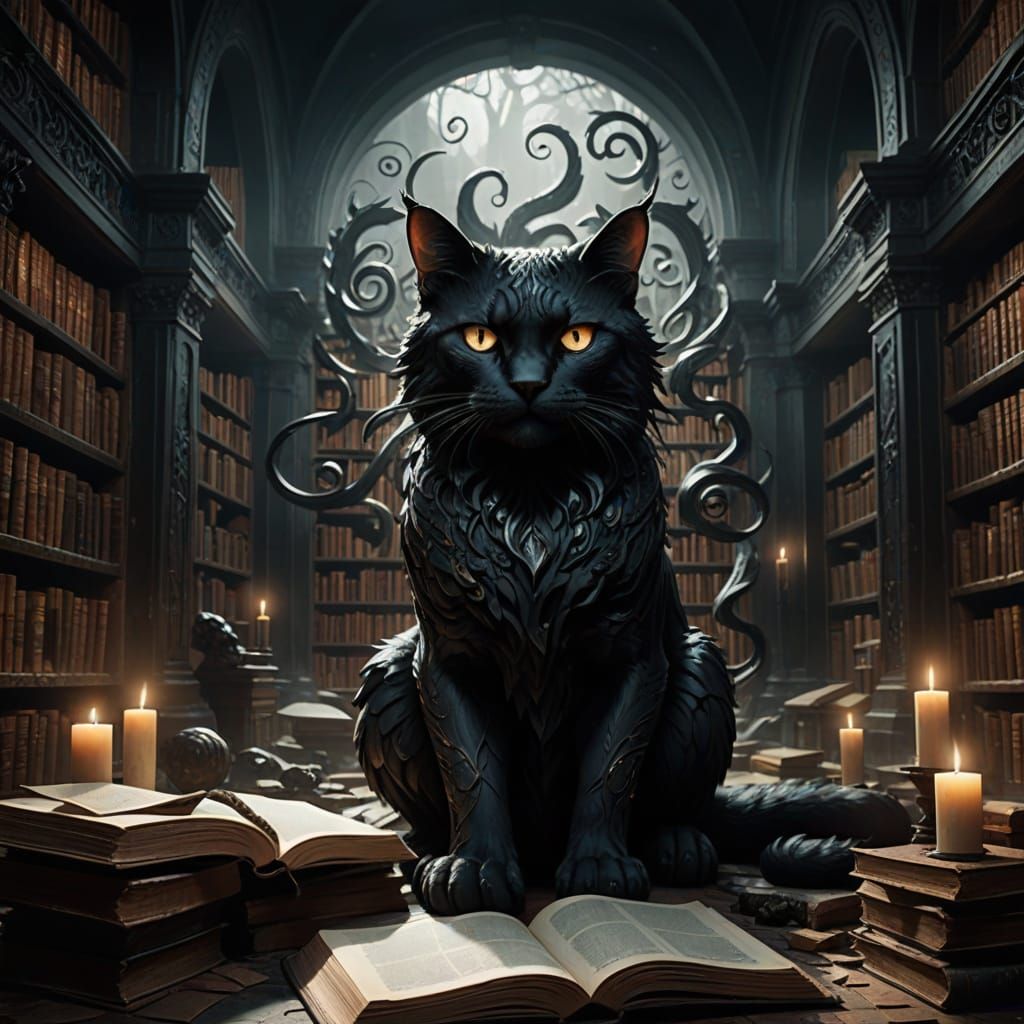 Colossal Obsidian Cat Guards Forbidden Library