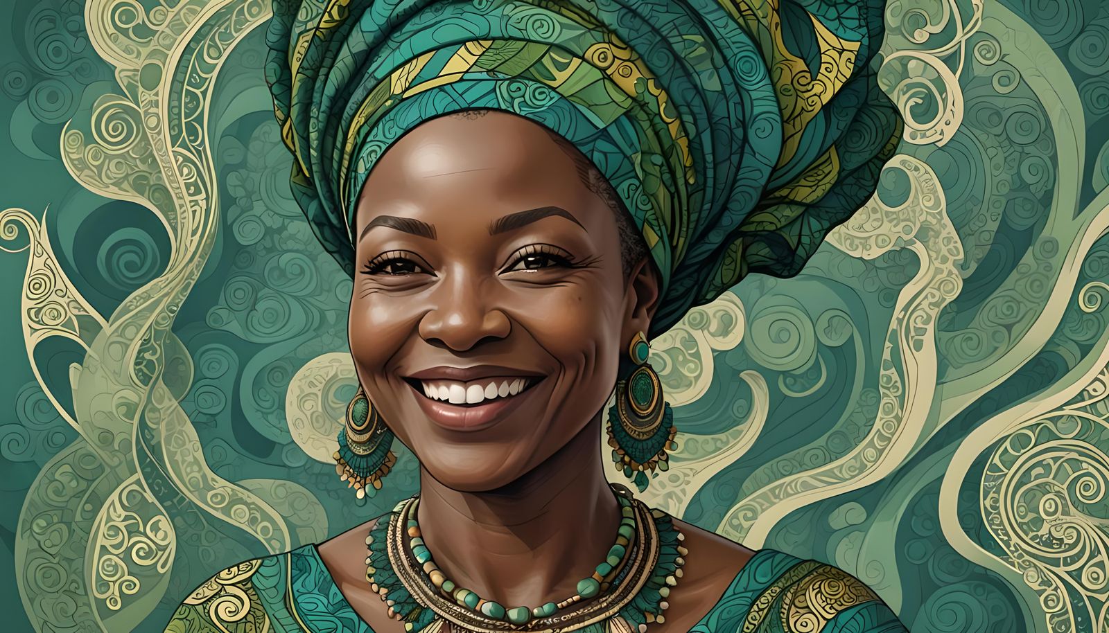 Smiling Yoruba Woman with Abstract Fractal Design