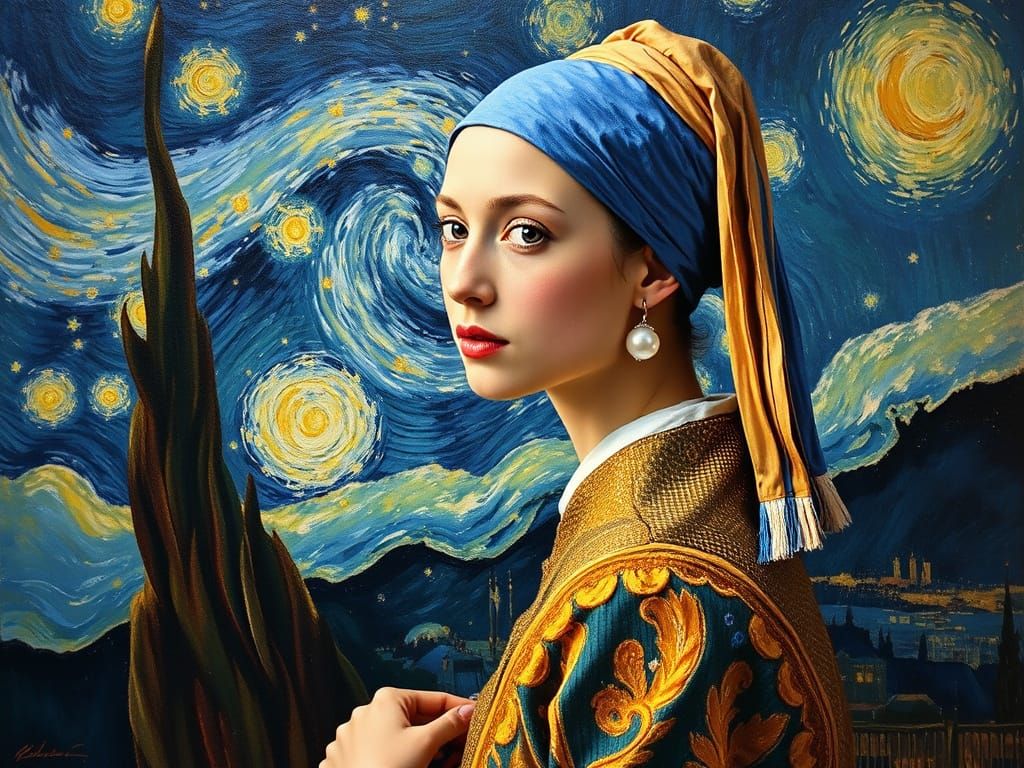 Ornate Girl in Starry Night Oil Painting