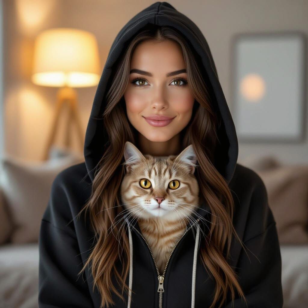 Woman With Cat In Hoodie, Cinematic Digital Art