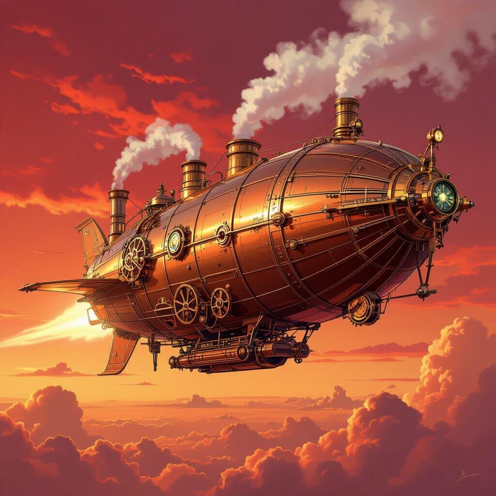 Steampunk Airship Soars Through Crimson Sky in Digital Paint...
