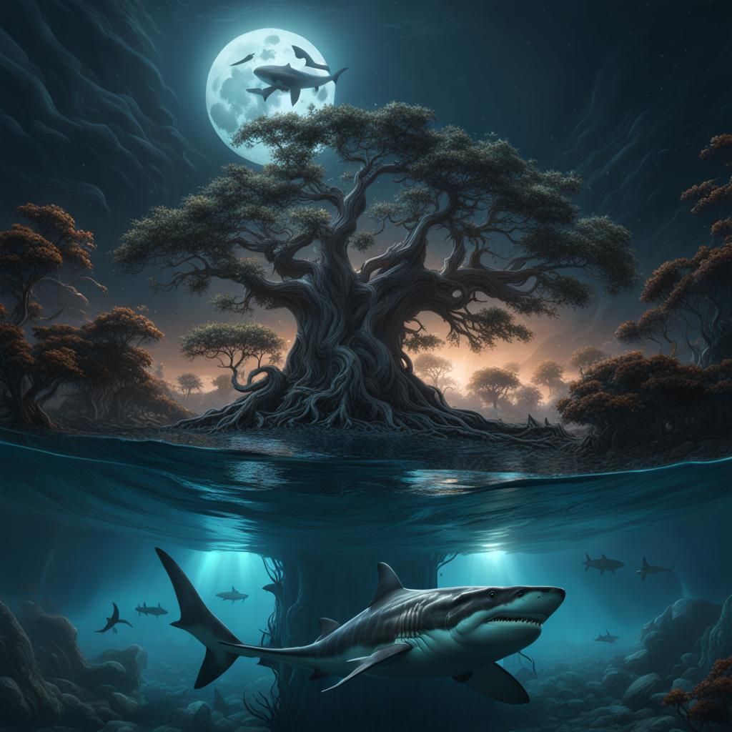 Banyan Tree, Shark, Alligator Under Moonlight