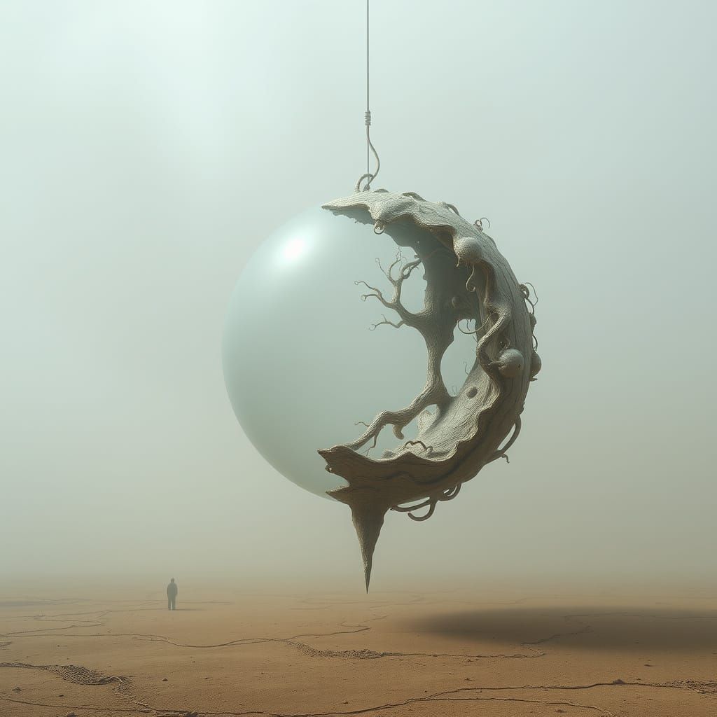 Surreal, Dreamlike Voided Sphere in a Desolate Misty Landsca...
