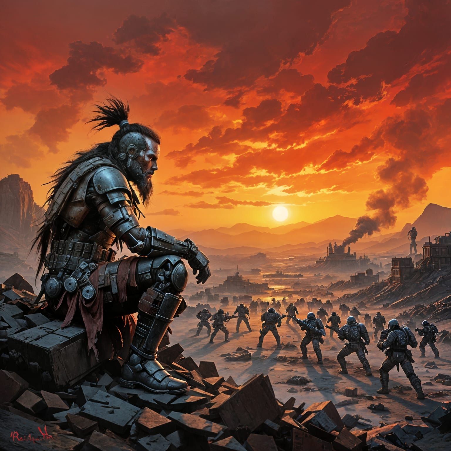 Grizzled Warlord Surveys Epic Robot Battle in Expressionist ...