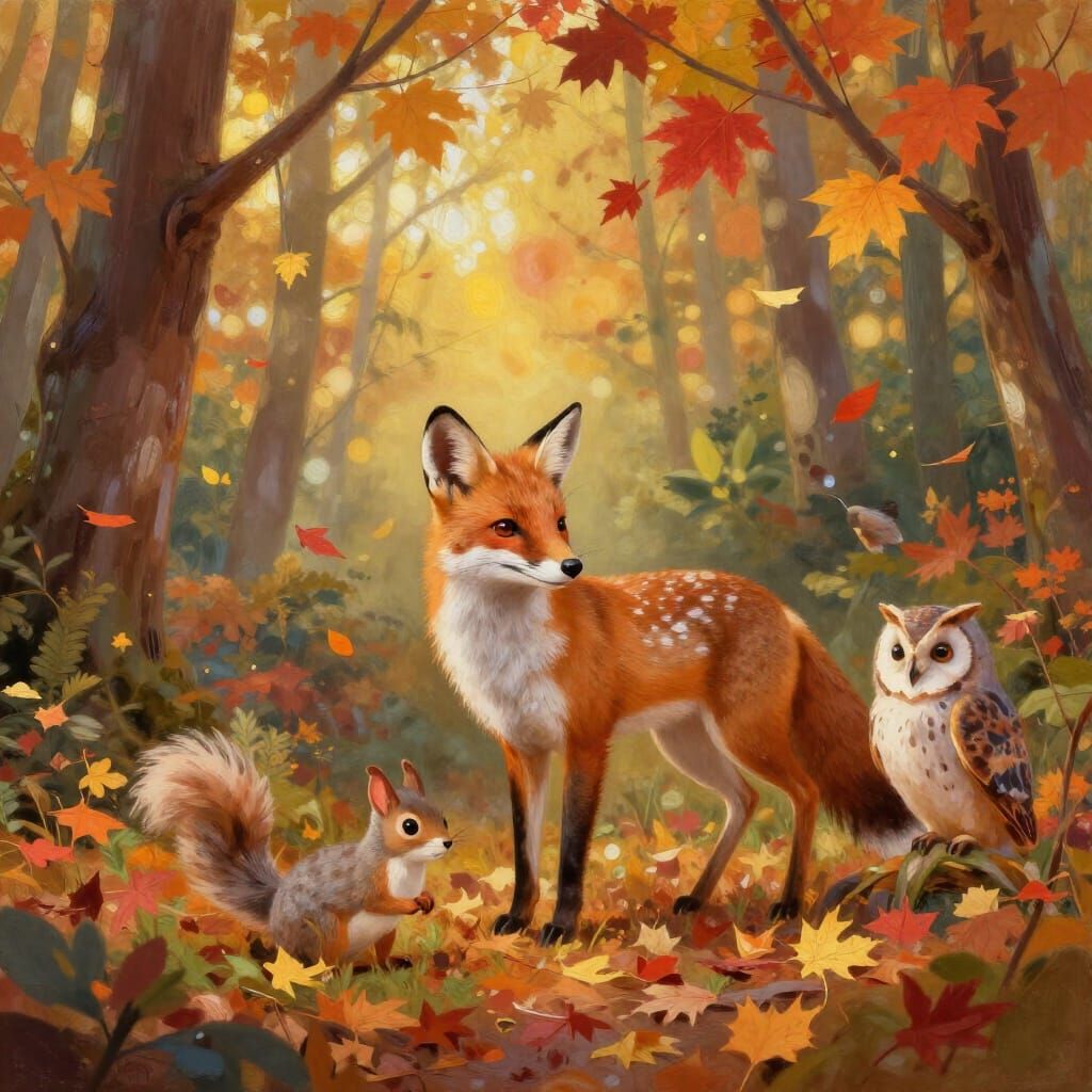 Vibrant Autumn Forest Scene with Friendly Animals