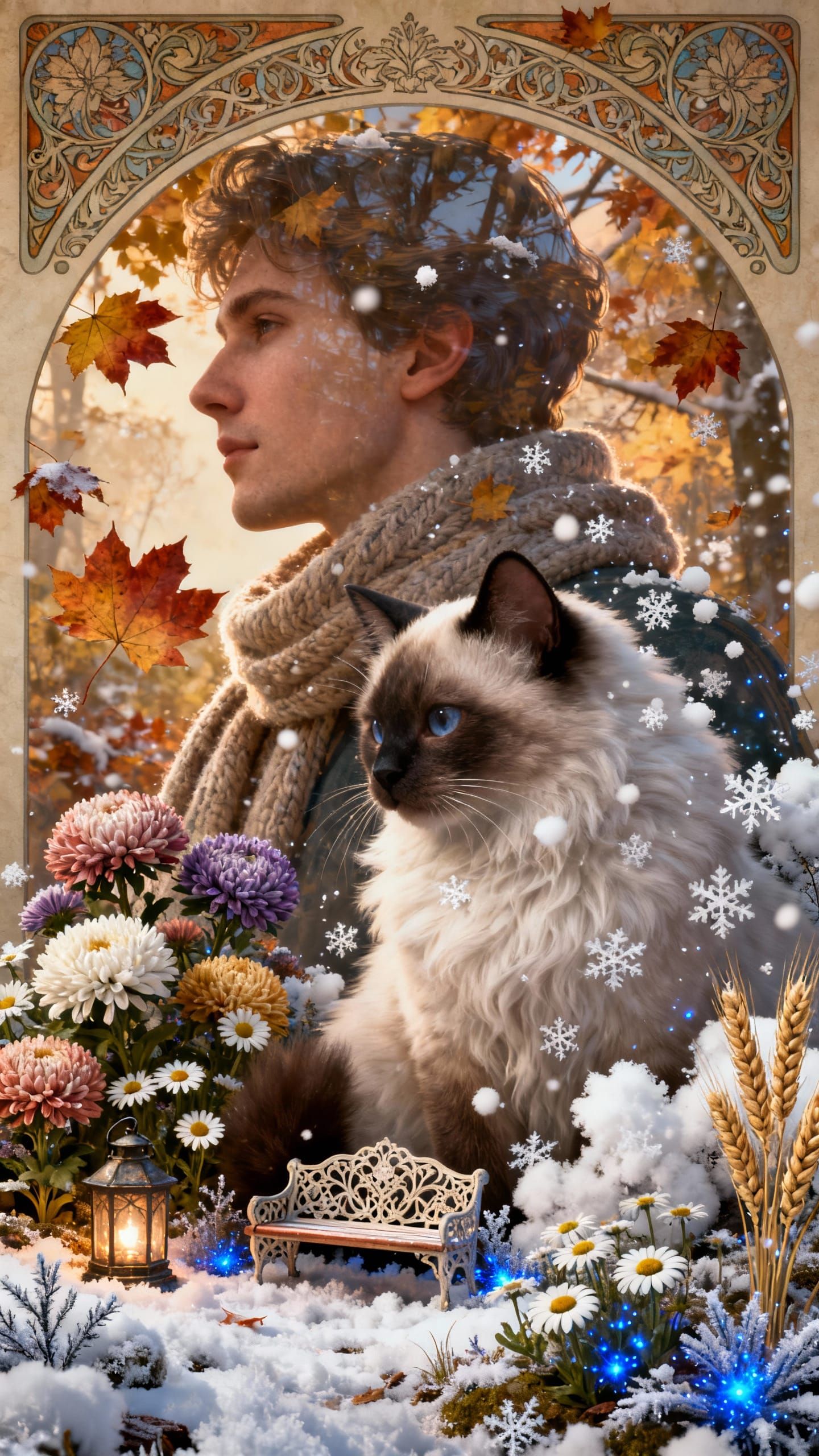 Miniature Microworld with Siamese Cat and Autumn Flora