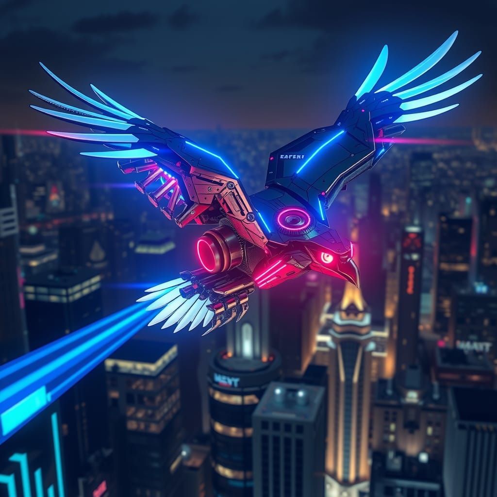 Cybernetic Eagle Soaring Over Neon Cityscape