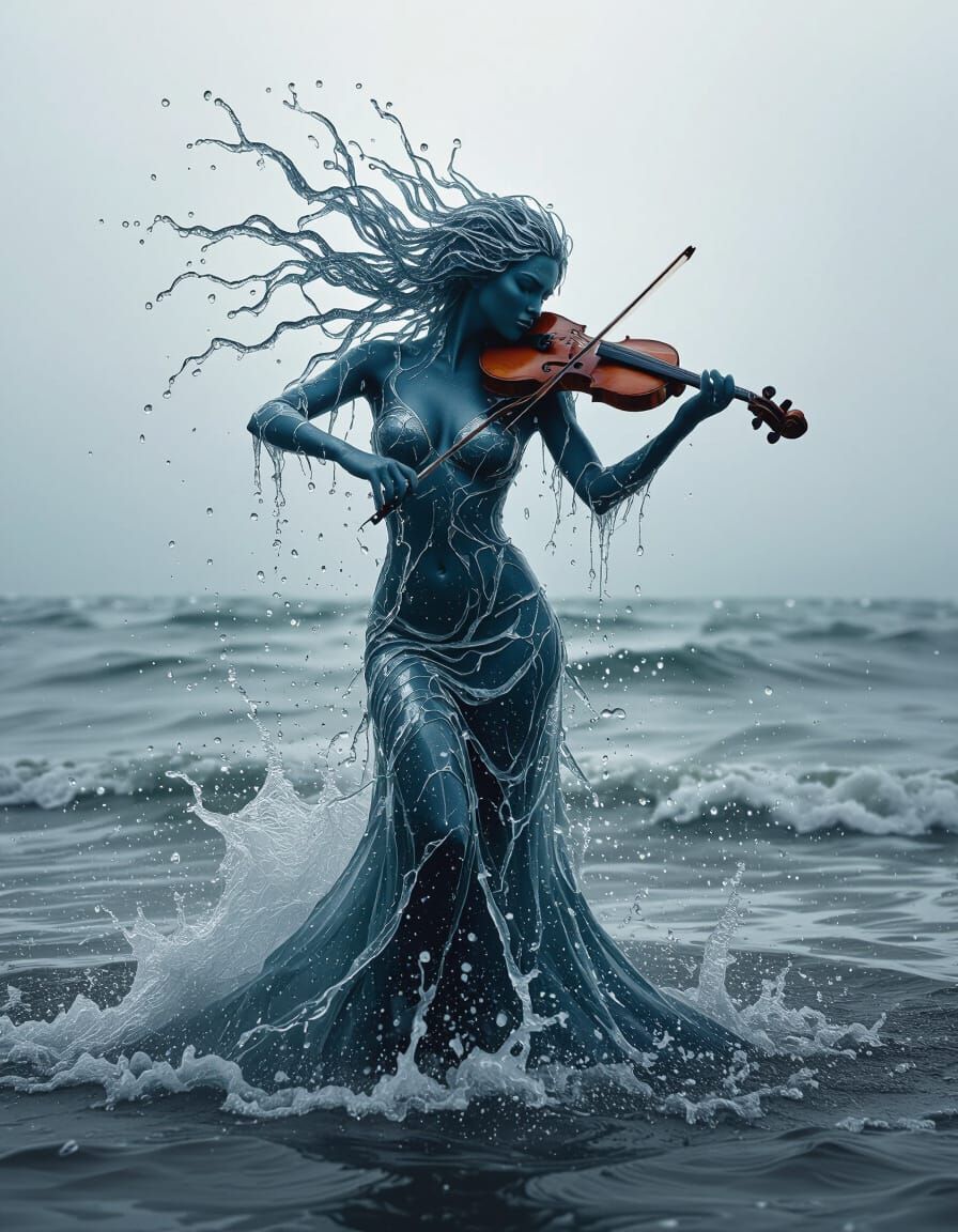 Violinist Made of Water in Ocean Storm