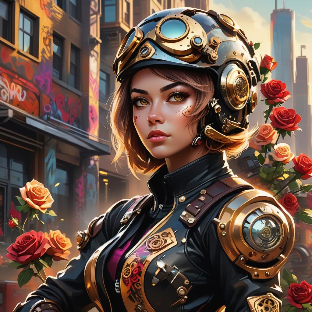 Steampunk Racer Girl in Graffiti Cityscape Concept Art