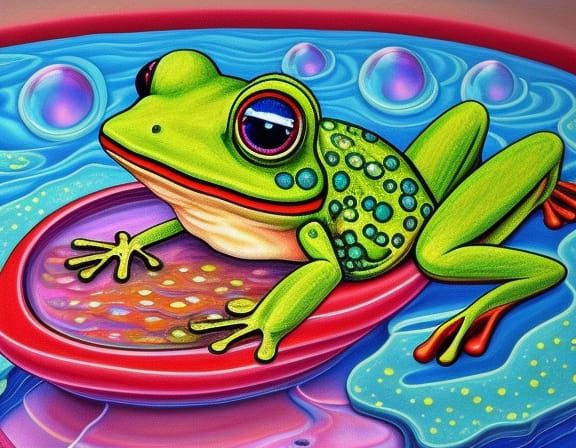 a female frog relaxing in a bubble bath, the tub is an old clawfoot tub and rainbow colored bubbles are everywhere. the ...
