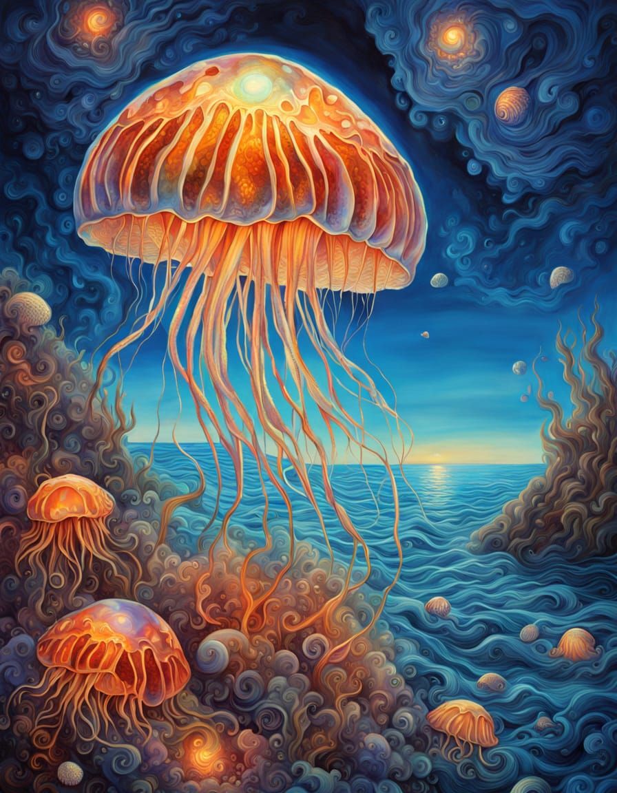 Surreal Lava Jellyfish in Ocean Watercolor