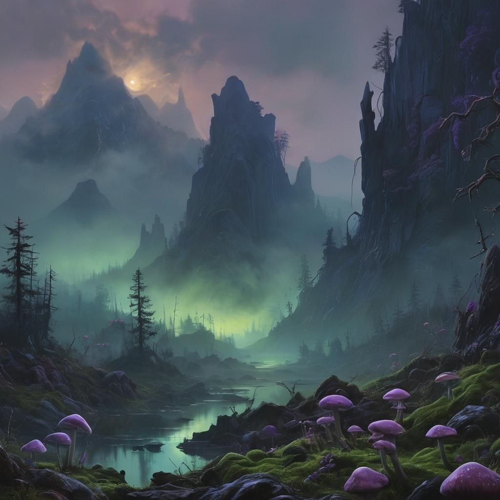 Mystical Mountain Range with Glowing Mushrooms